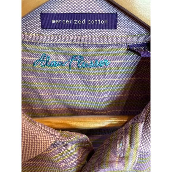 Alan Flusser Lavender Golf Shirt with Green Horizontal Pinstripes Sz L - Picture 7 of 9